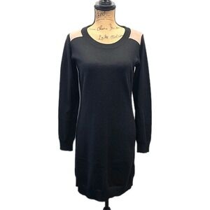 M. Rena Sweater Dress sz S Black Beige Shoulder Patch Wool Blend Minimalist Chic